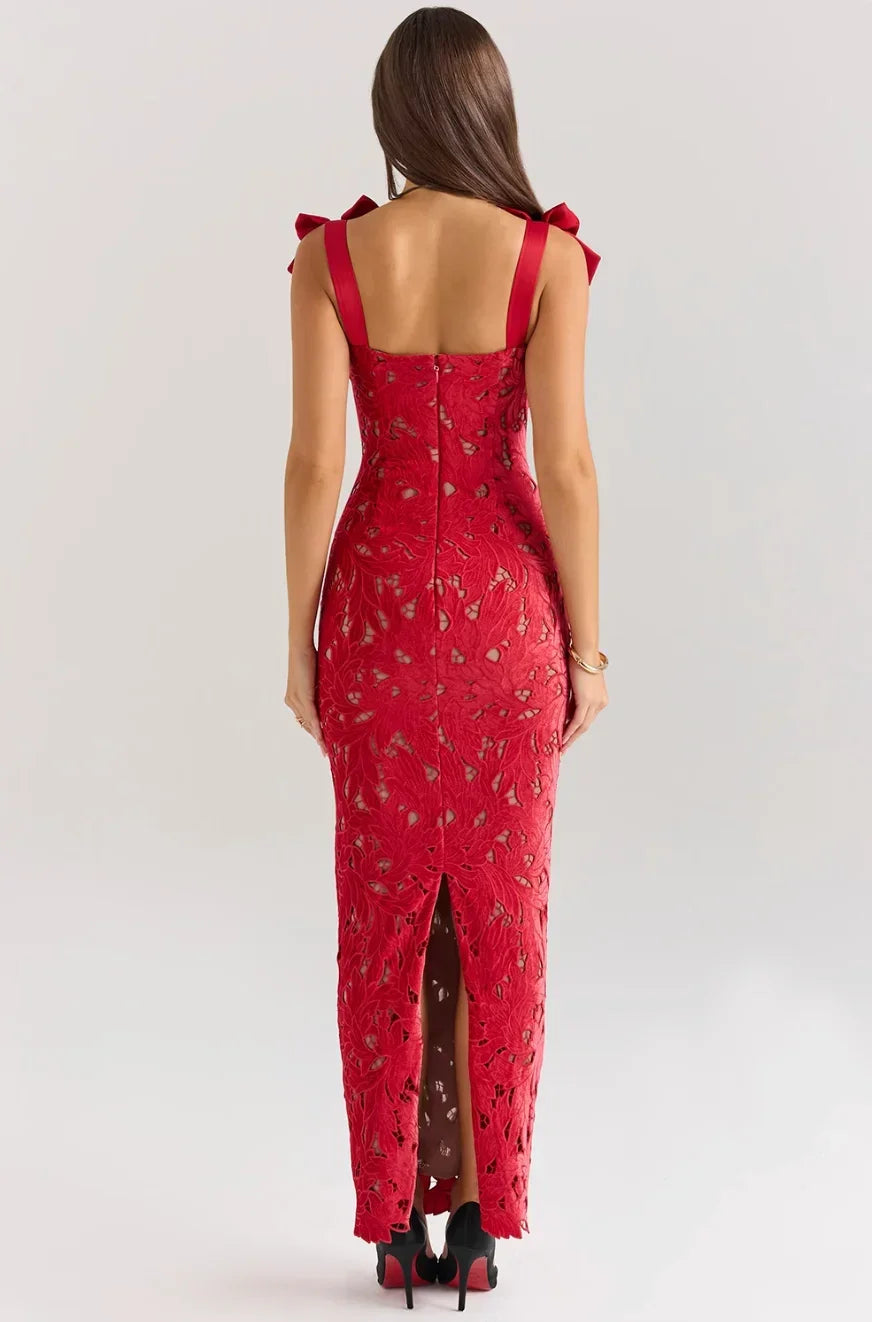 Women's Evening Maxi Dress with Floral Sequin Detail and Tie Shoulder Straps