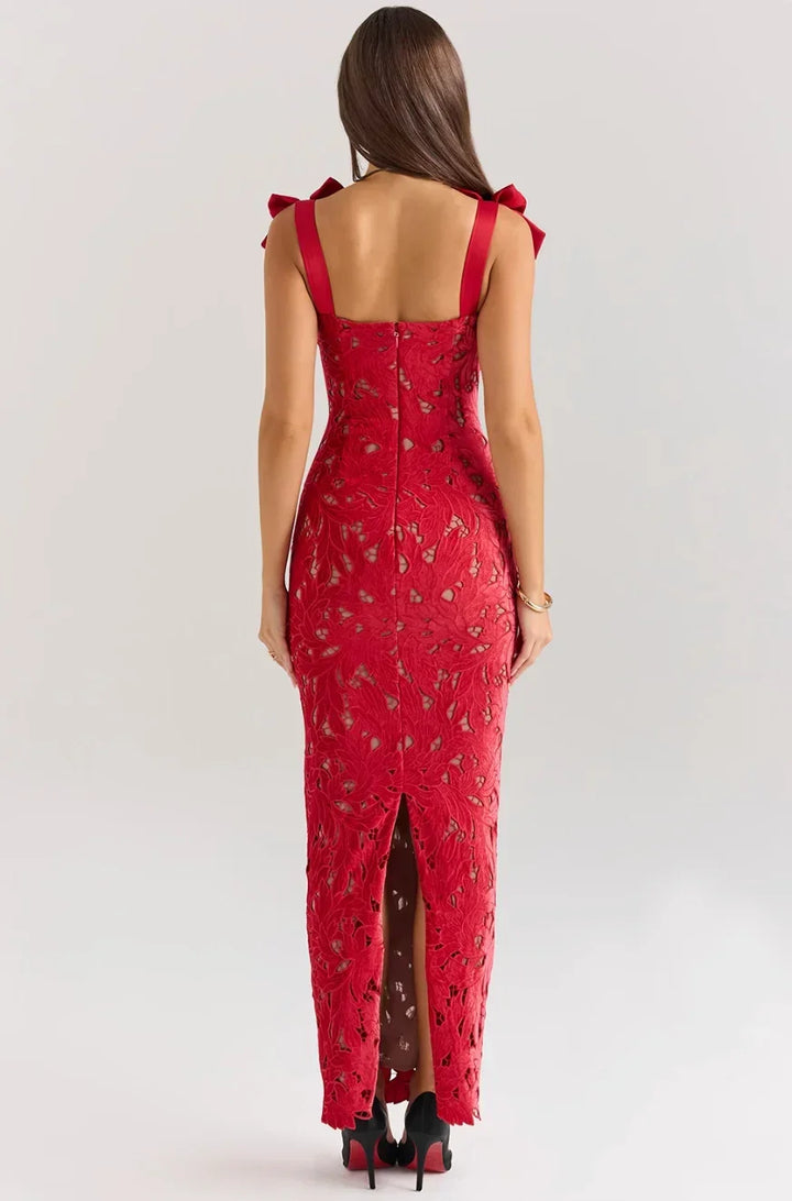 Women's Evening Maxi Dress with Floral Sequin Detail and Tie Shoulder Straps