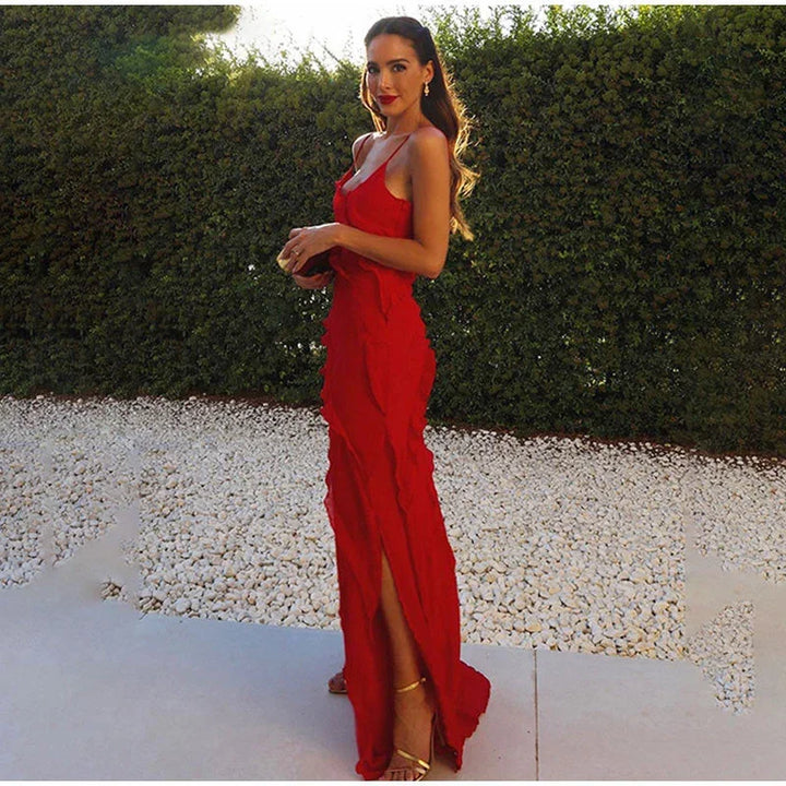 Women's Wedding Guest Asymmetrical Maxi Dress with Ruffle Detail