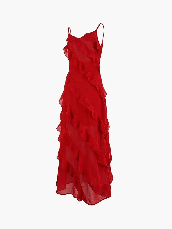 Women's Wedding Guest Asymmetrical Maxi Dress with Ruffle Detail