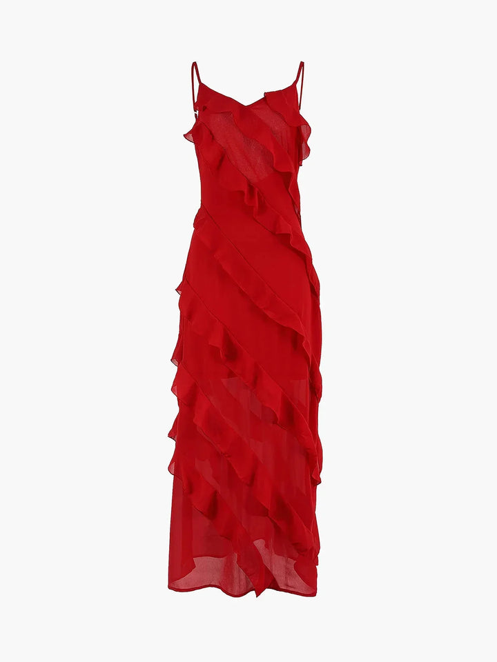 Women's Wedding Guest Asymmetrical Maxi Dress with Ruffle Detail