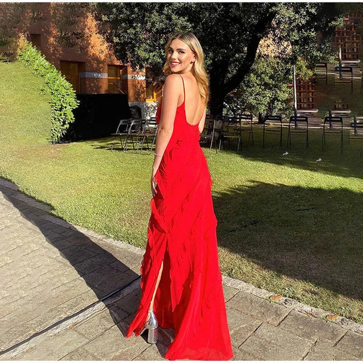 Women's Wedding Guest Asymmetrical Maxi Dress with Ruffle Detail