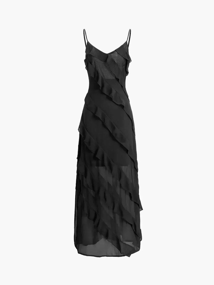 Women's Wedding Guest Asymmetrical Maxi Dress with Ruffle Detail