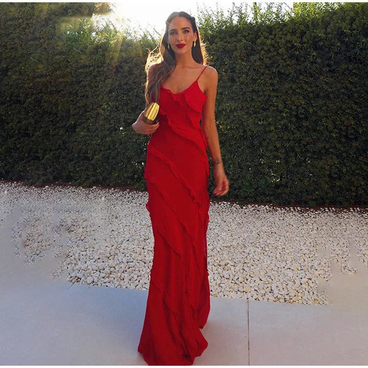 Women's Wedding Guest Asymmetrical Maxi Dress with Ruffle Detail