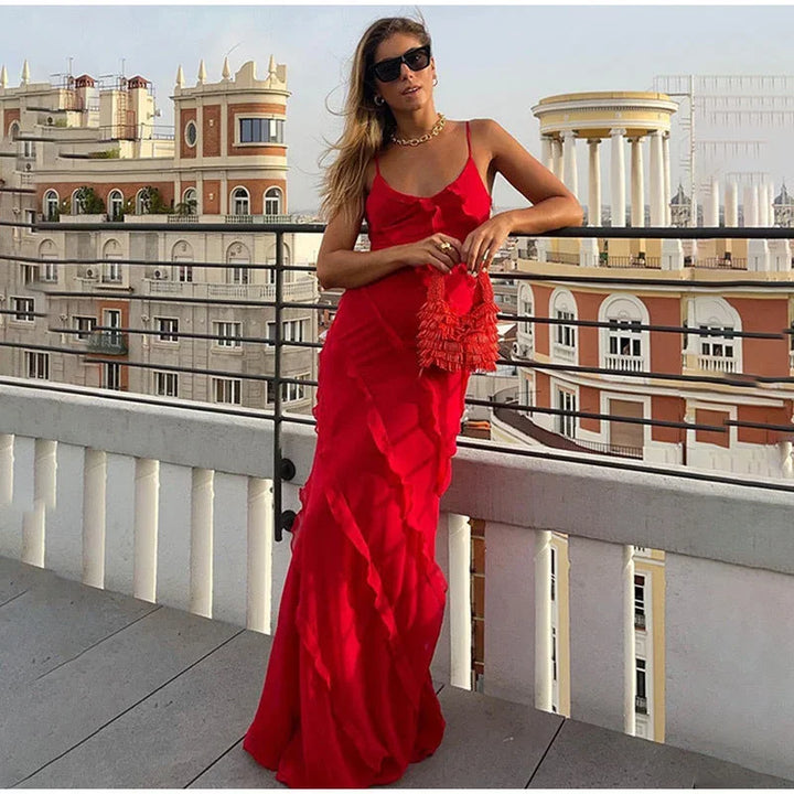 Women's Wedding Guest Asymmetrical Maxi Dress with Ruffle Detail