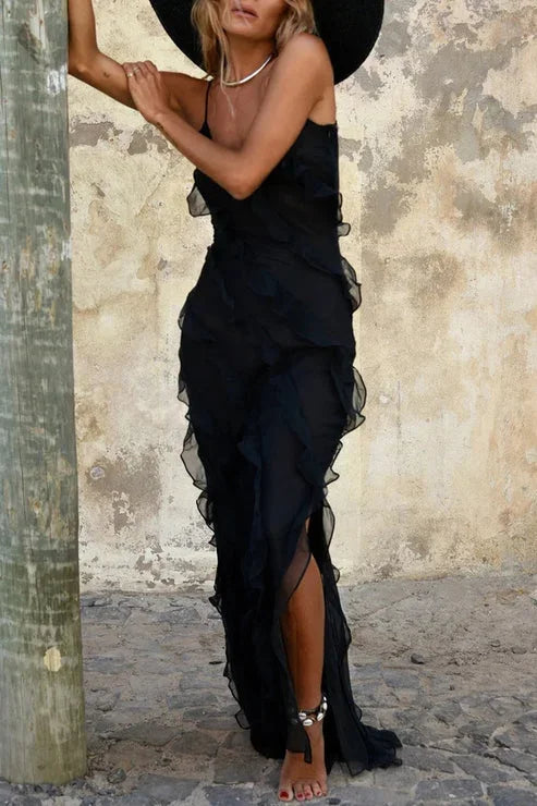 Women's Wedding Guest Maxi Dress with Ruffle Detail and Side Slit