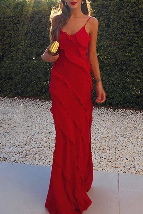 Women's Wedding Guest Maxi Dress with Ruffle Detail and Side Slit