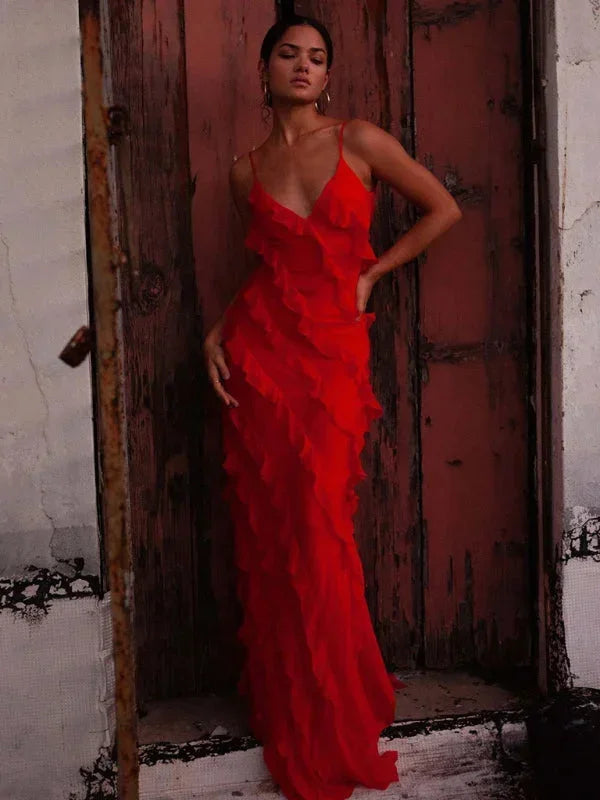 Women's Evening Maxi Dress with One Shoulder Neckline and Ruffle Detail