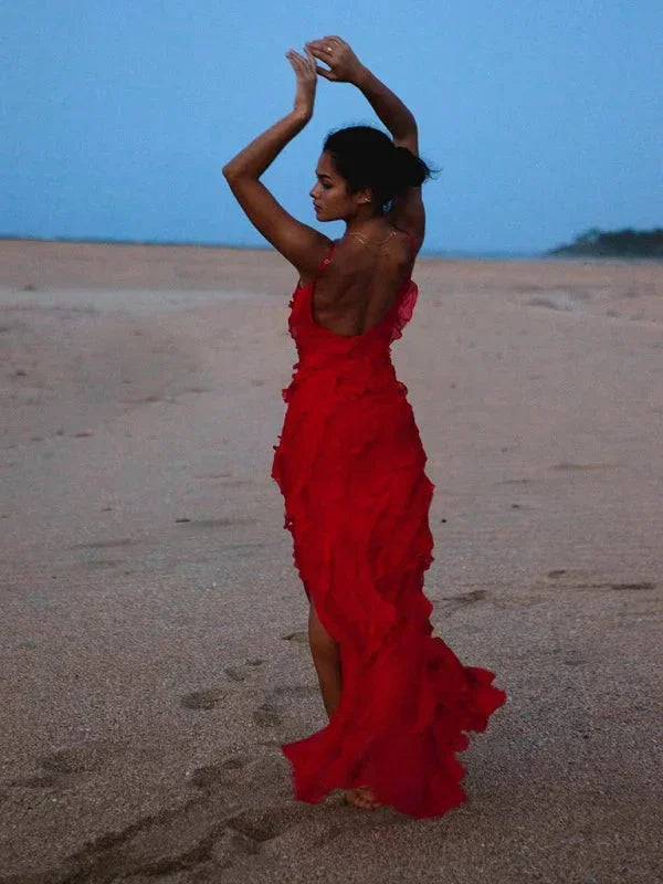 Women's Evening Maxi Dress with One Shoulder Neckline and Ruffle Detail