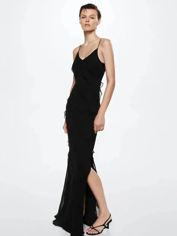Women's Evening Maxi Dress with One Shoulder Neckline and Ruffle Detail
