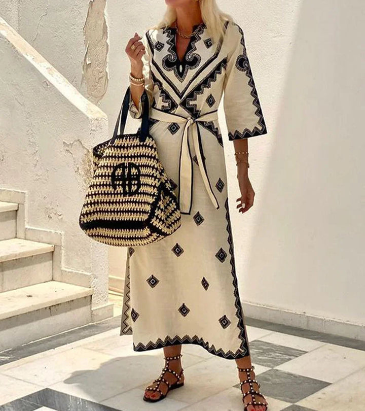 Women's Embroidered Maxi Dress with V Neck and Tie Waist