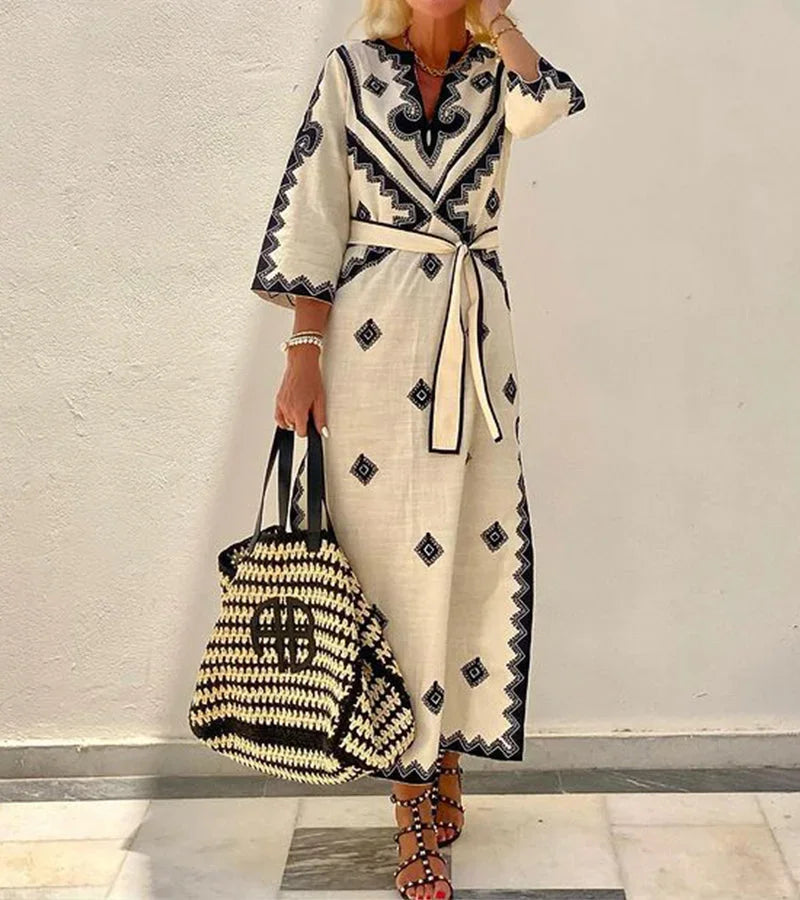 Women's Embroidered Maxi Dress with V Neck and Tie Waist