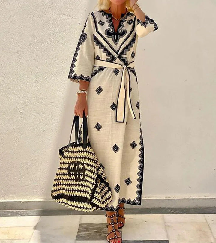 Women's Embroidered Maxi Dress with V Neck and Tie Waist