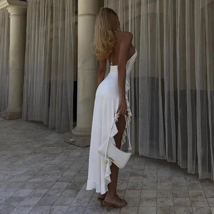 Women's Evening Midi Dress with Halter Neck and Asymmetrical Hem