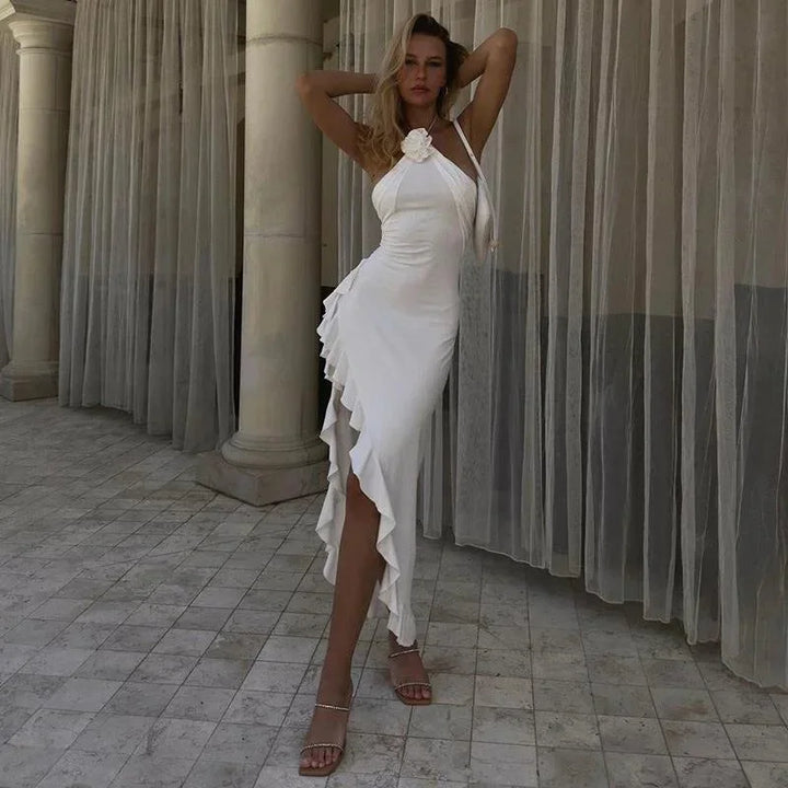 Women's Evening Midi Dress with Halter Neck and Asymmetrical Hem