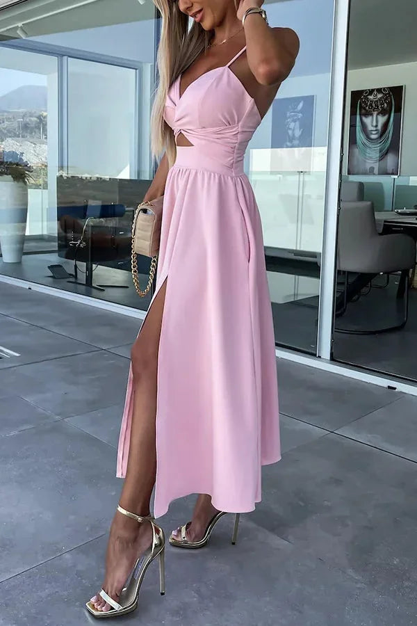 Women's Wedding Guest Midi Dress with Twist Front and Side Split
