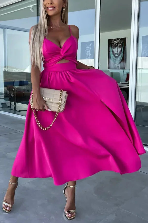 Women's Wedding Guest Midi Dress with Twist Front and Side Split