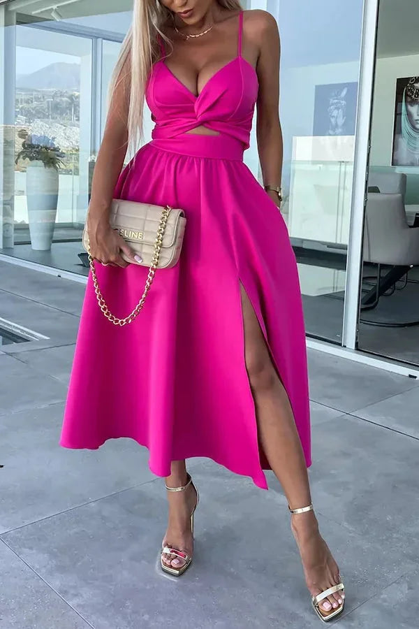 Women's Wedding Guest Midi Dress with Twist Front and Side Split