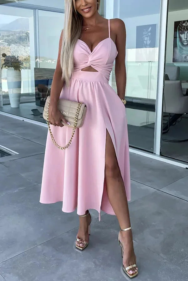 Women's Wedding Guest Midi Dress with Twist Front and Side Split