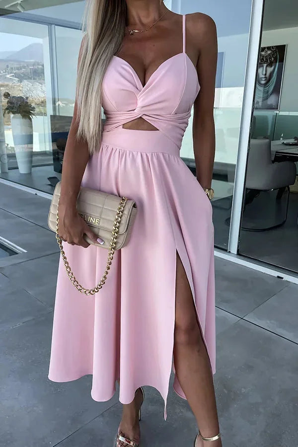 Women's Wedding Guest Midi Dress with Twist Front and Side Split