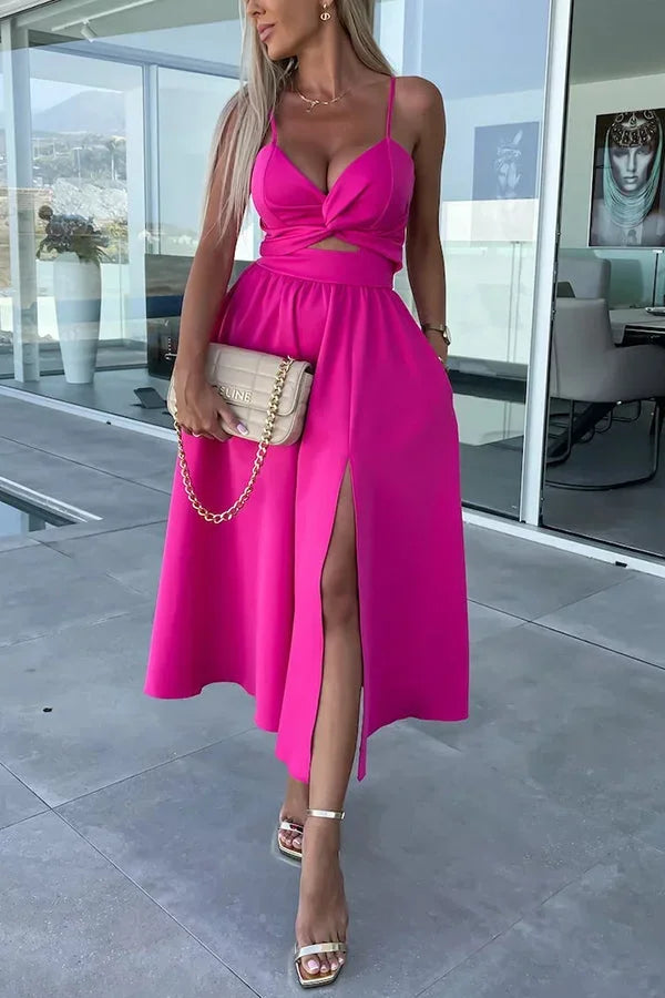Women's Wedding Guest Midi Dress with Twist Front and Side Split