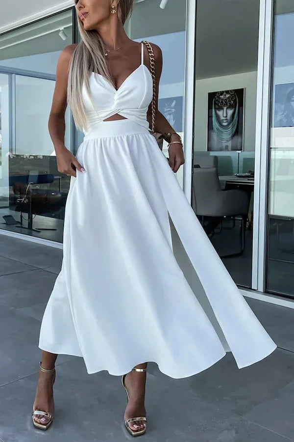 Women's Wedding Guest Midi Dress with Twist Front and Side Split