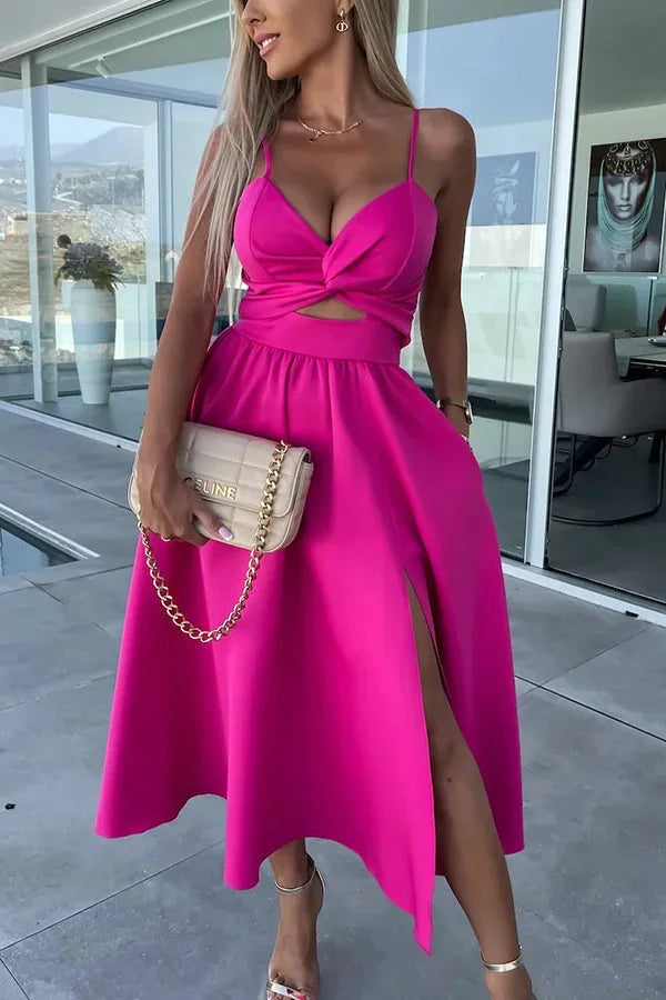 Women's Wedding Guest Midi Dress with Twist Front and Side Split