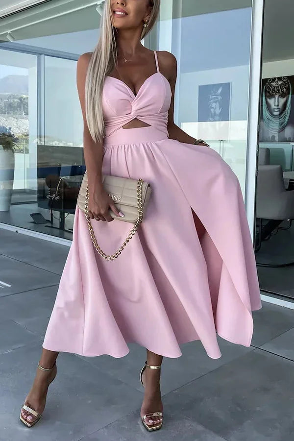 Women's Wedding Guest Midi Dress with Twist Front and Side Split