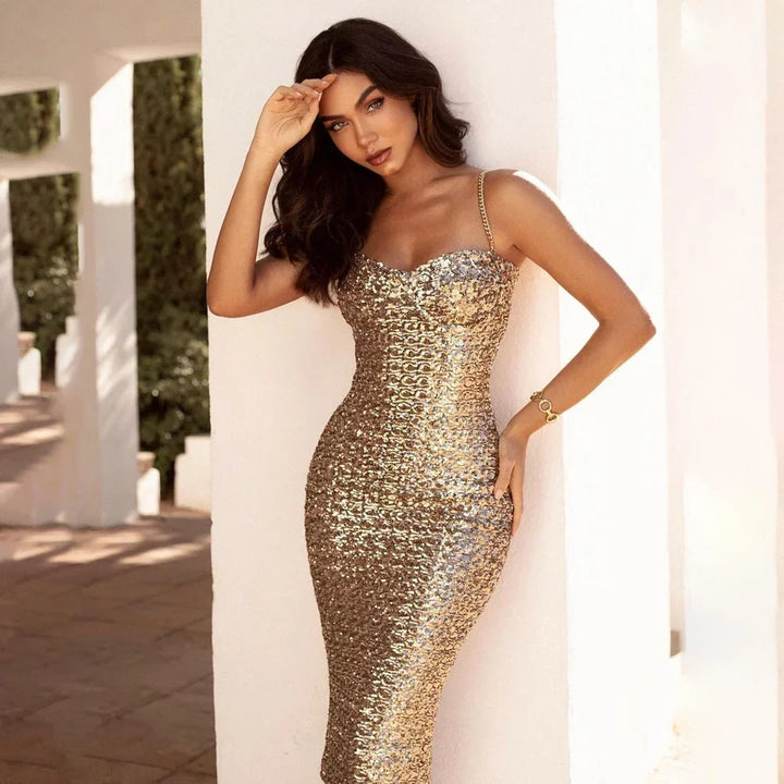 Women's Evening Midi Dress with Sequin Detail and Spaghetti Straps