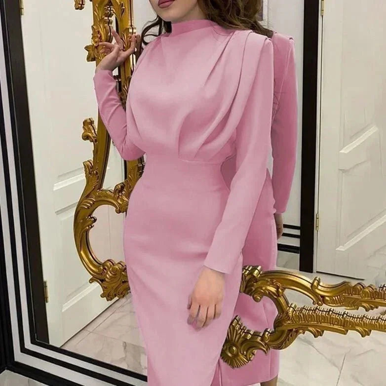 Women's High Neck Midi Dress with Ruched Waist and Long Sleeves