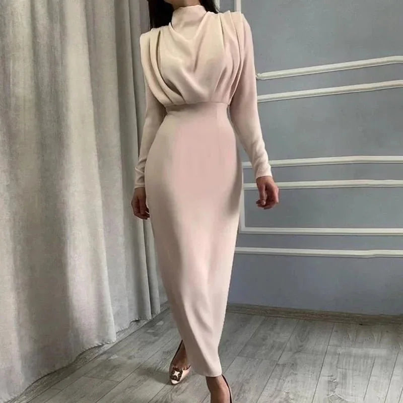 Women's High Neck Midi Dress with Ruched Waist and Long Sleeves