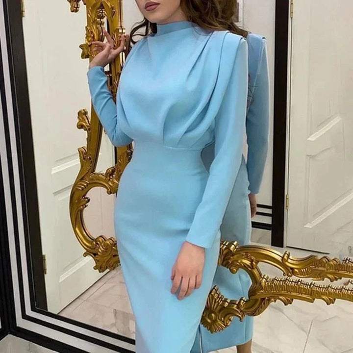 Women's High Neck Midi Dress with Ruched Waist and Long Sleeves