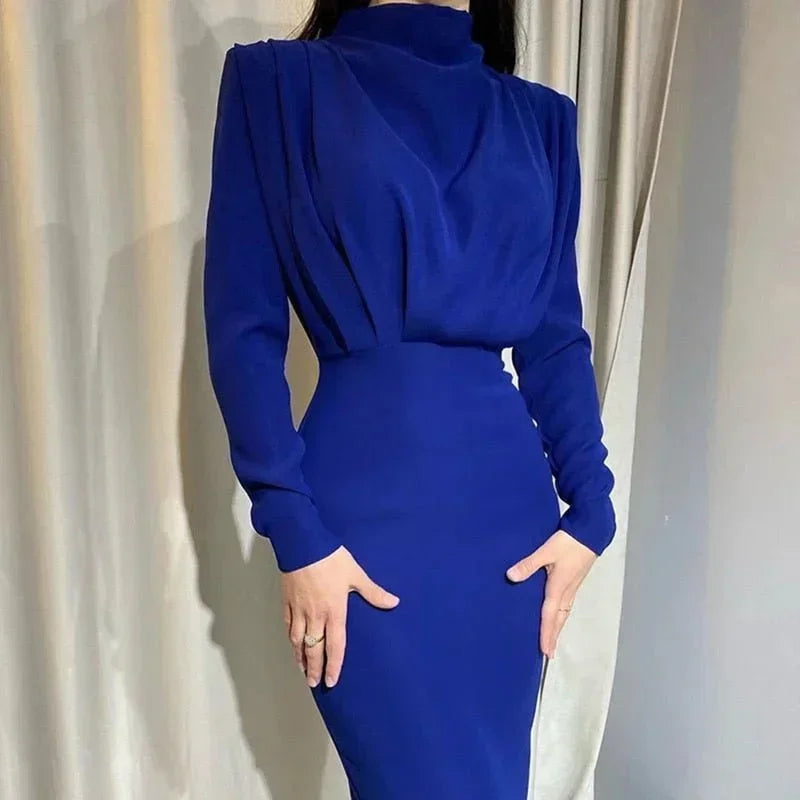 Women's High Neck Midi Dress with Ruched Waist and Long Sleeves
