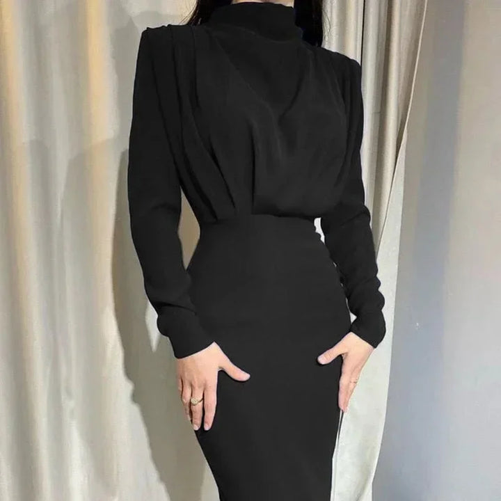 Women's High Neck Midi Dress with Ruched Waist and Long Sleeves
