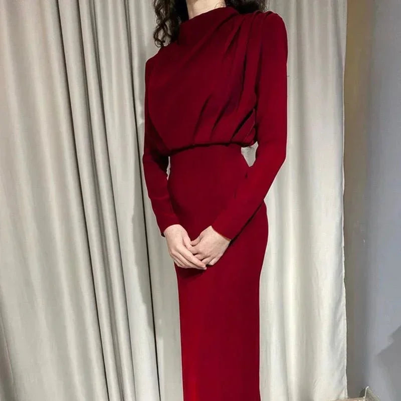 Women's High Neck Midi Dress with Ruched Waist and Long Sleeves