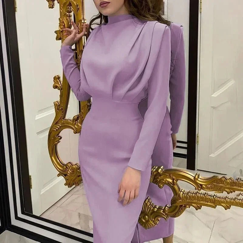 Women's High Neck Midi Dress with Ruched Waist and Long Sleeves