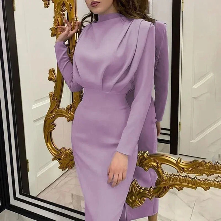 Women's High Neck Midi Dress with Ruched Waist and Long Sleeves