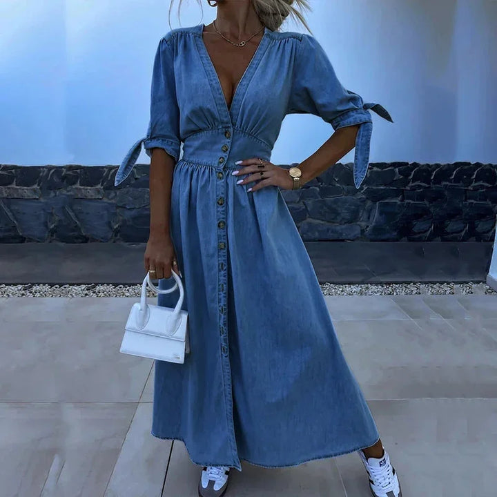 Women's Denim Maxi Dress with V Neck and Button Front