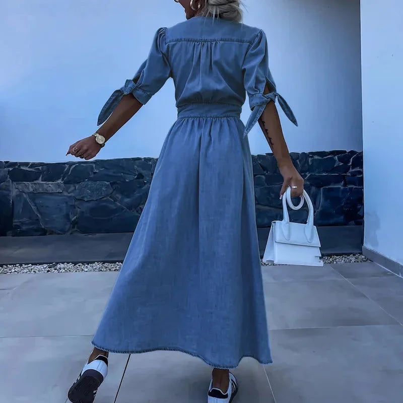 Women's Denim Maxi Dress with V Neck and Button Front