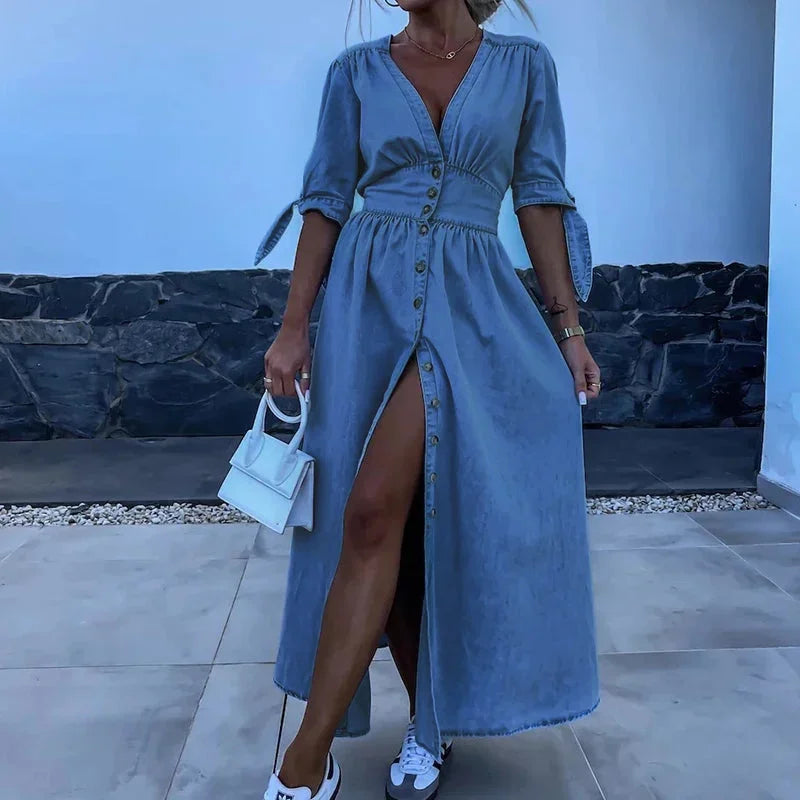 Women's Denim Maxi Dress with V Neck and Button Front