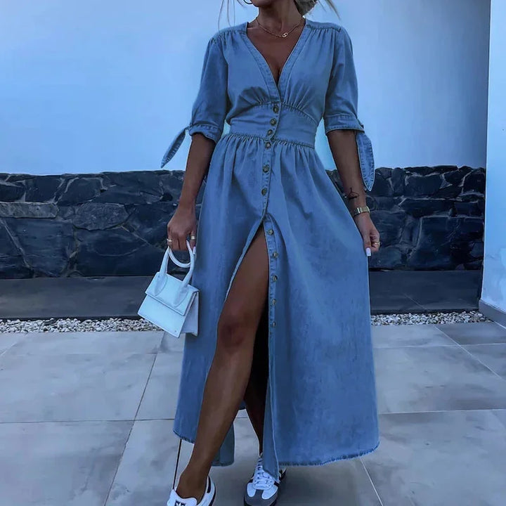 Women's Denim Maxi Dress with V Neck and Button Front