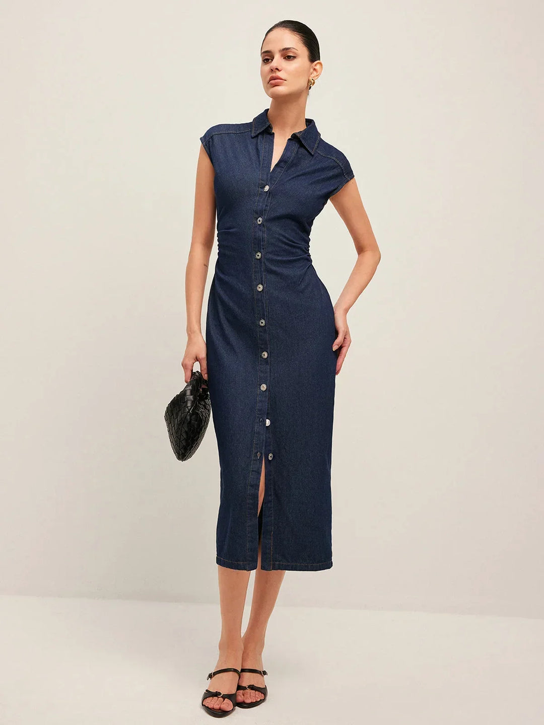Women's Shirt Midi Dress with Button Front and Side Split