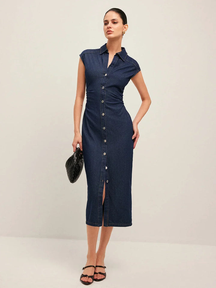 Women's Shirt Midi Dress with Button Front and Side Split