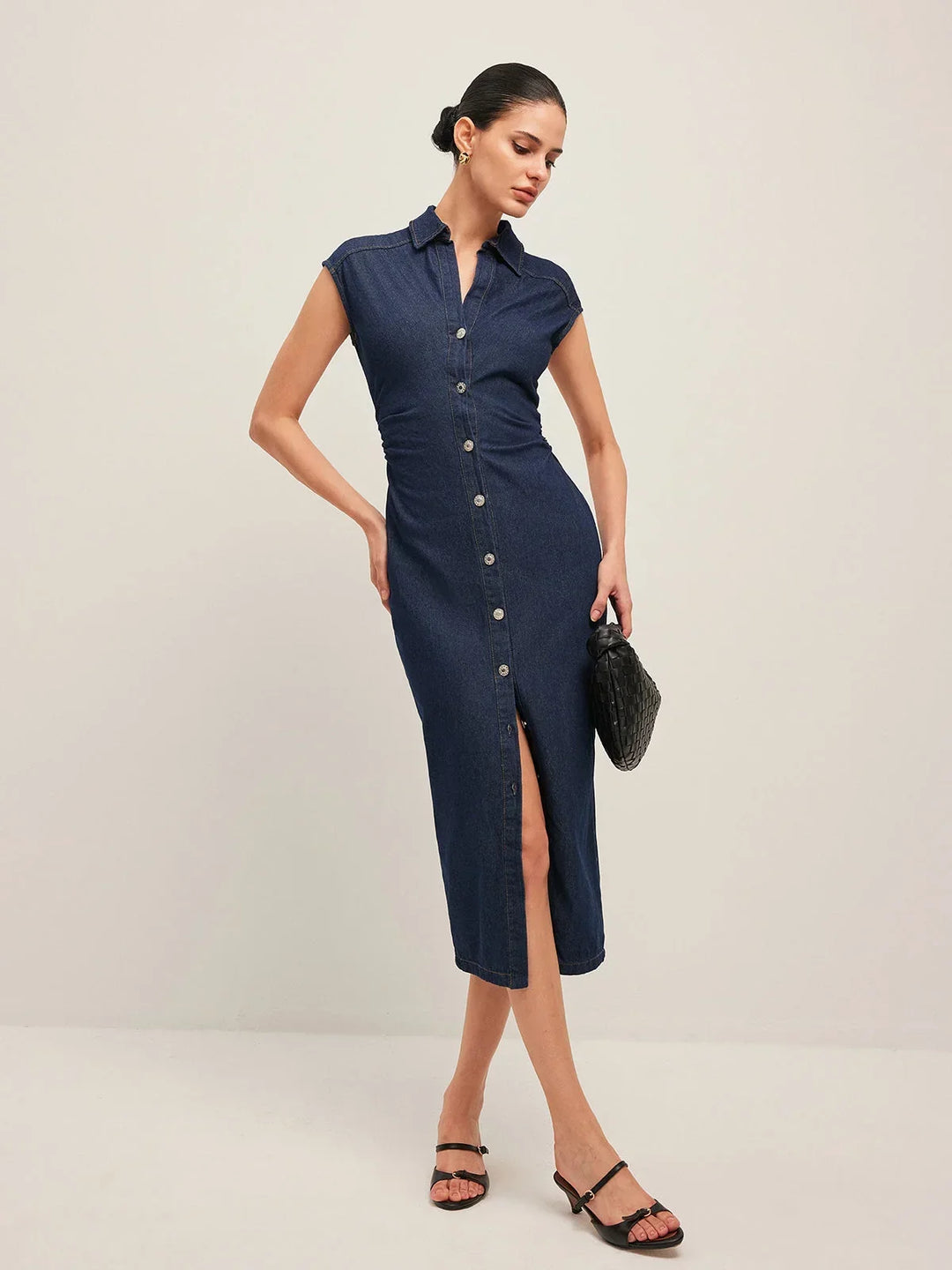 Women's Shirt Midi Dress with Button Front and Side Split
