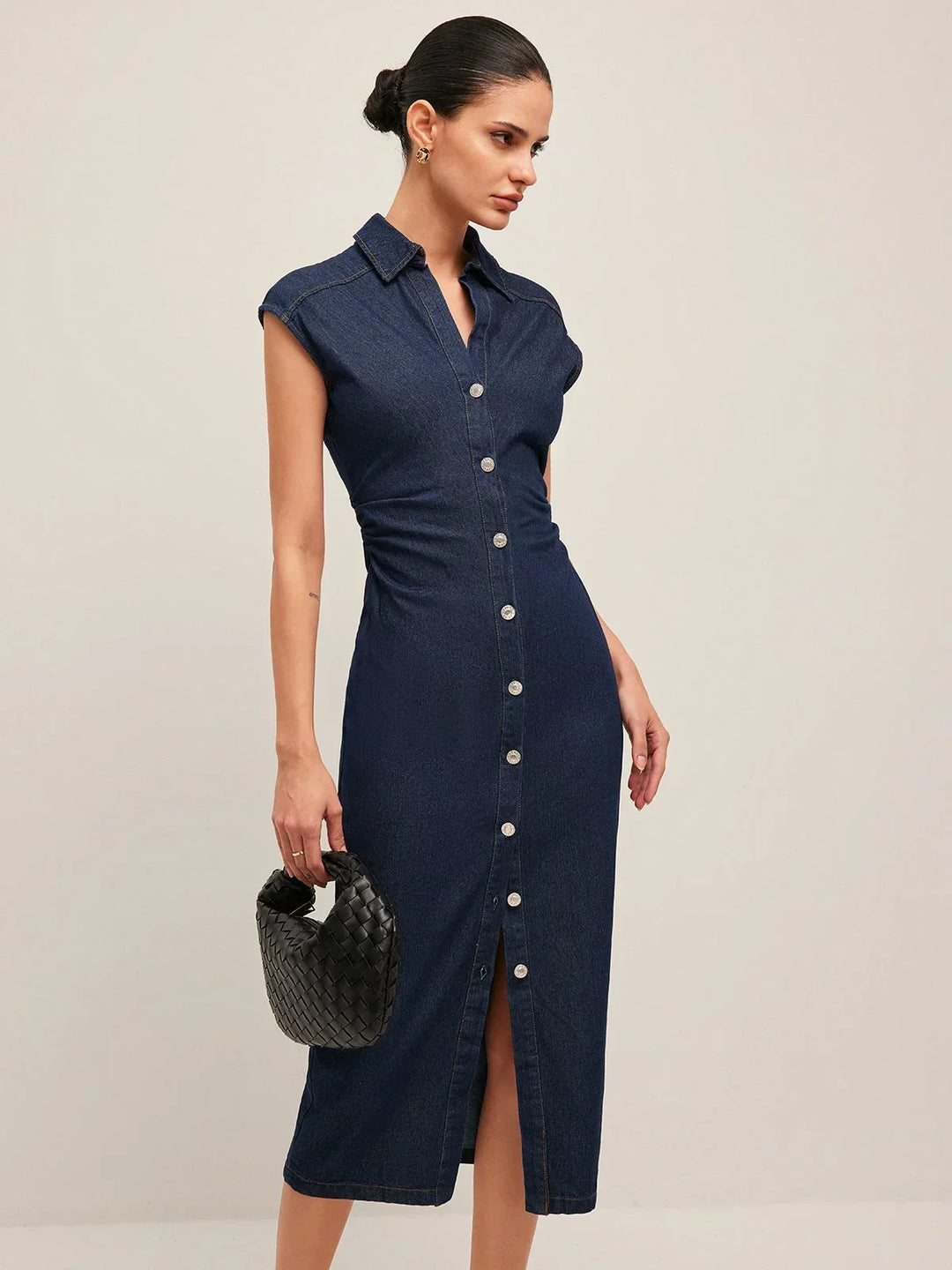 Women's Shirt Midi Dress with Button Front and Side Split