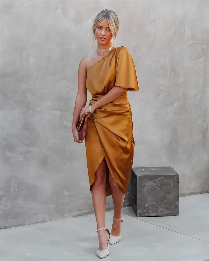Women's One Shoulder Midi Dress with Ruched Detail and Thigh Split