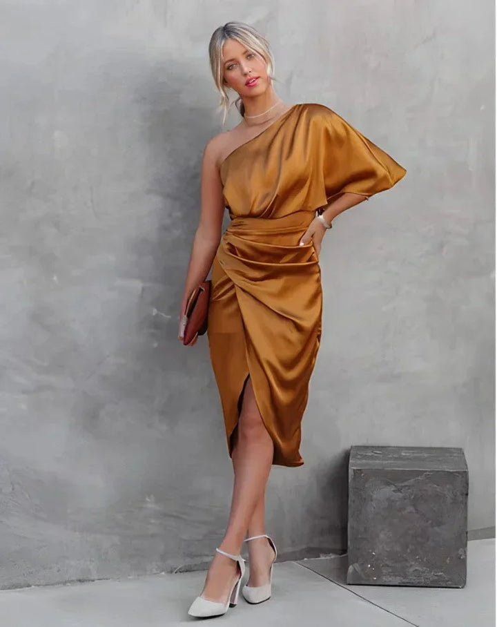 Women's One Shoulder Midi Dress with Ruched Detail and Thigh Split