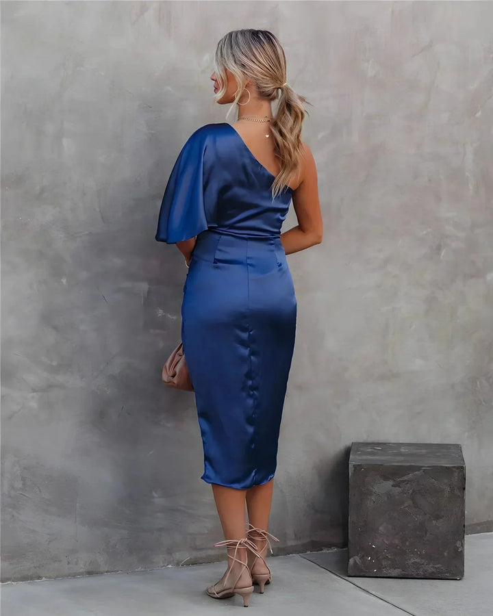Women's One Shoulder Midi Dress with Ruched Detail and Thigh Split