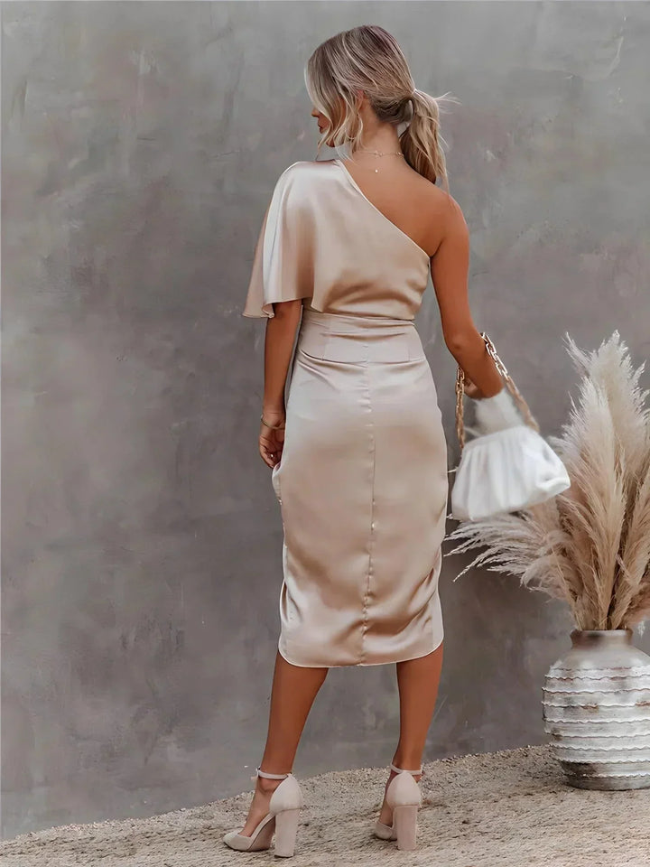 Women's One Shoulder Midi Dress with Ruched Detail and Thigh Split