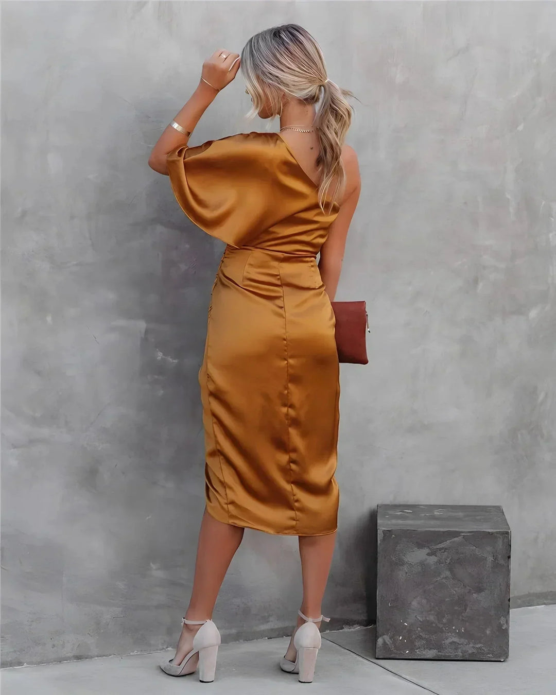 Women's One Shoulder Midi Dress with Ruched Detail and Thigh Split